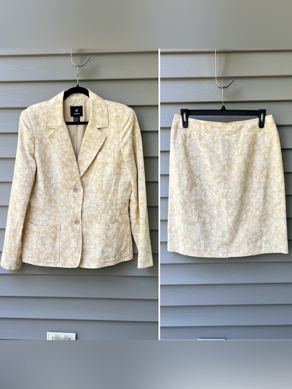 DD Collection Tan Floral Linen Blend Blazer & Skirt Set Size 12 Chic Vintage